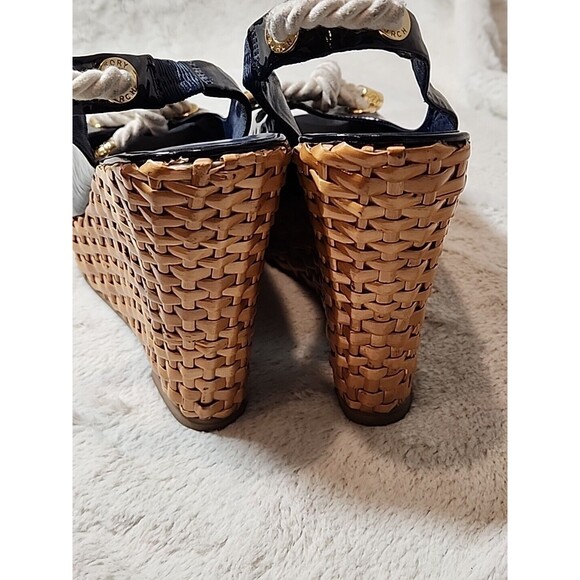 Tory Burch Navy Blue Patent Rope Bow Wedge Slingback Peep Toe Sandals Womens 10‎ - Picture 8 of 11